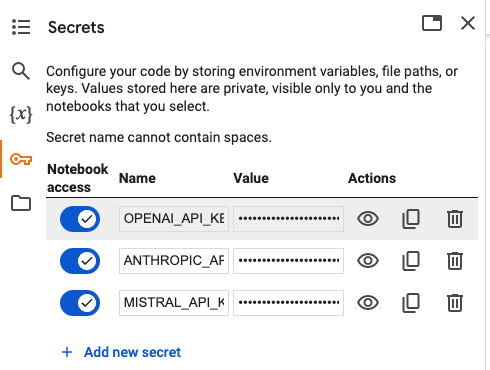 Google Colab Secrets manager UI showing fields to add API keys