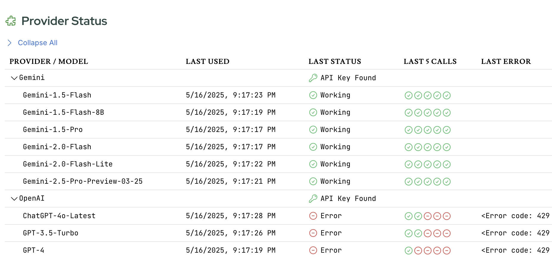 ProxAI dashboard showing health monitoring for different AI models with metrics like success rate and latency.