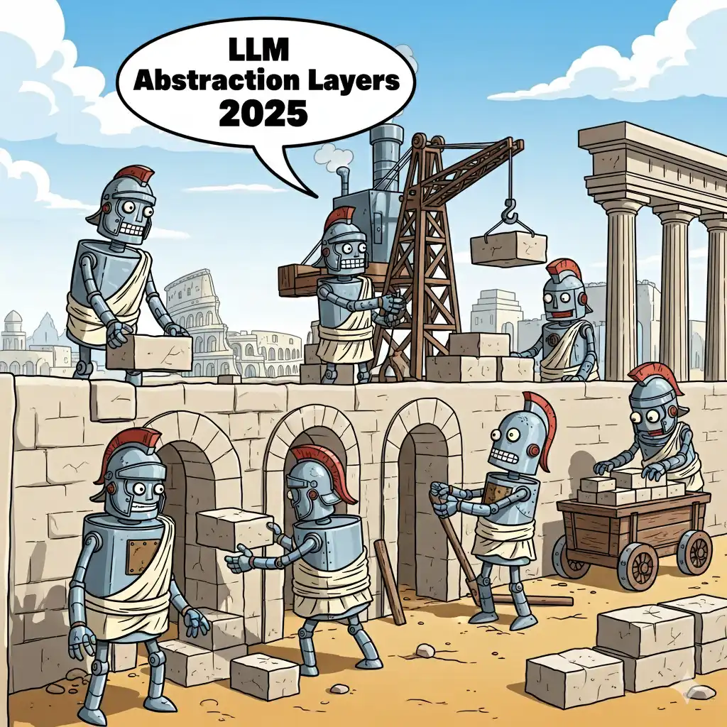 Conceptual image showing AI provider robots connecting through a central hub representing an LLM abstraction layer via building a wall.